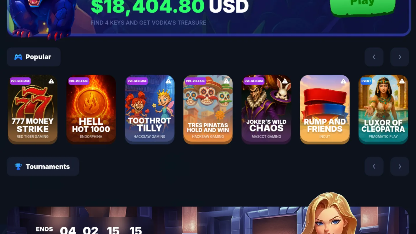 Скриншот интерфейса Vodka Casino в разделе «RTP и волатильность»: навигация, игровые функции и доступные условия